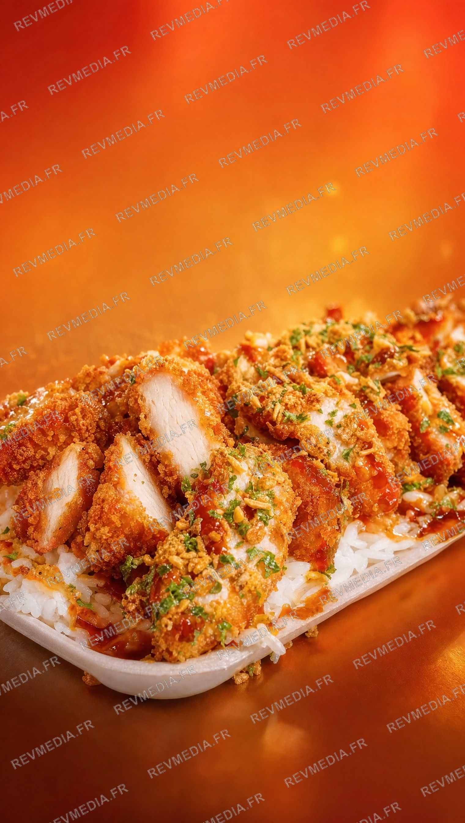 Crousty sauce sucrée : riz thaï, poulet frit, oignons frits, persil